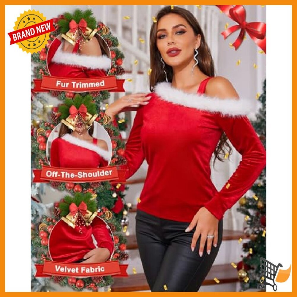 Velvet Off Shoulder Sweater with Fur Trim Long Sleeve Tunic Top - Picture 4 of 8